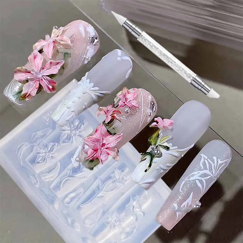 2/3Pcs Blooming Camellia/Orchid/Lily Flower Nail Carving Mold Clear Silicone 5-Petal Flower Nail Gel Printing Mold Nail Tools 8!