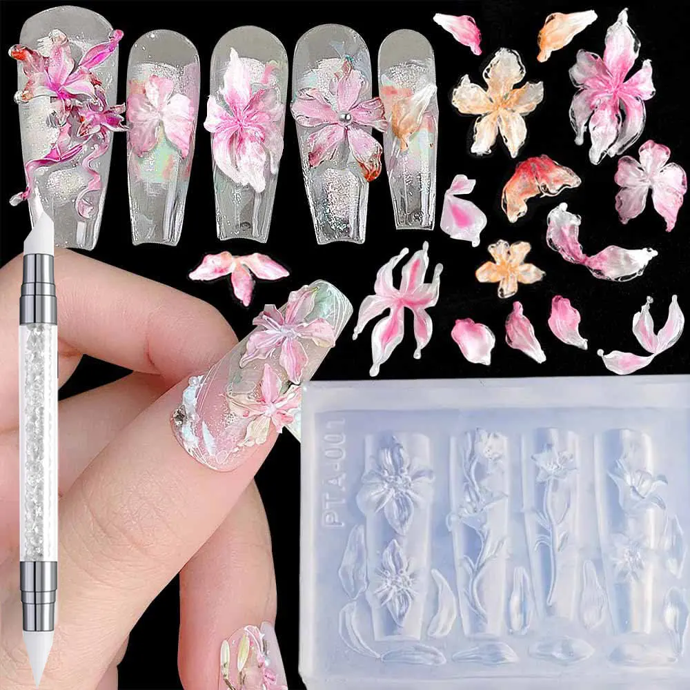 2/3Pcs Blooming Camellia/Orchid/Lily Flower Nail Carving Mold Clear Silicone 5-Petal Flower Nail Gel Printing Mold Nail Tools 8!
