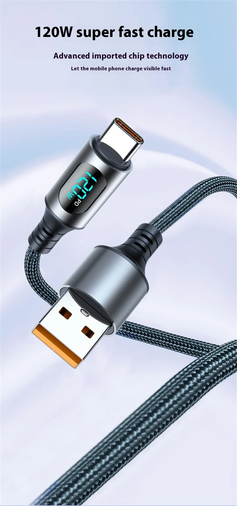 1m/2m 120W USB-C Charging Wire For Huawei Xiaomi POCO Samsung 100W PD Fast Charging Phone Data Cord For iPhone LED Display Cable