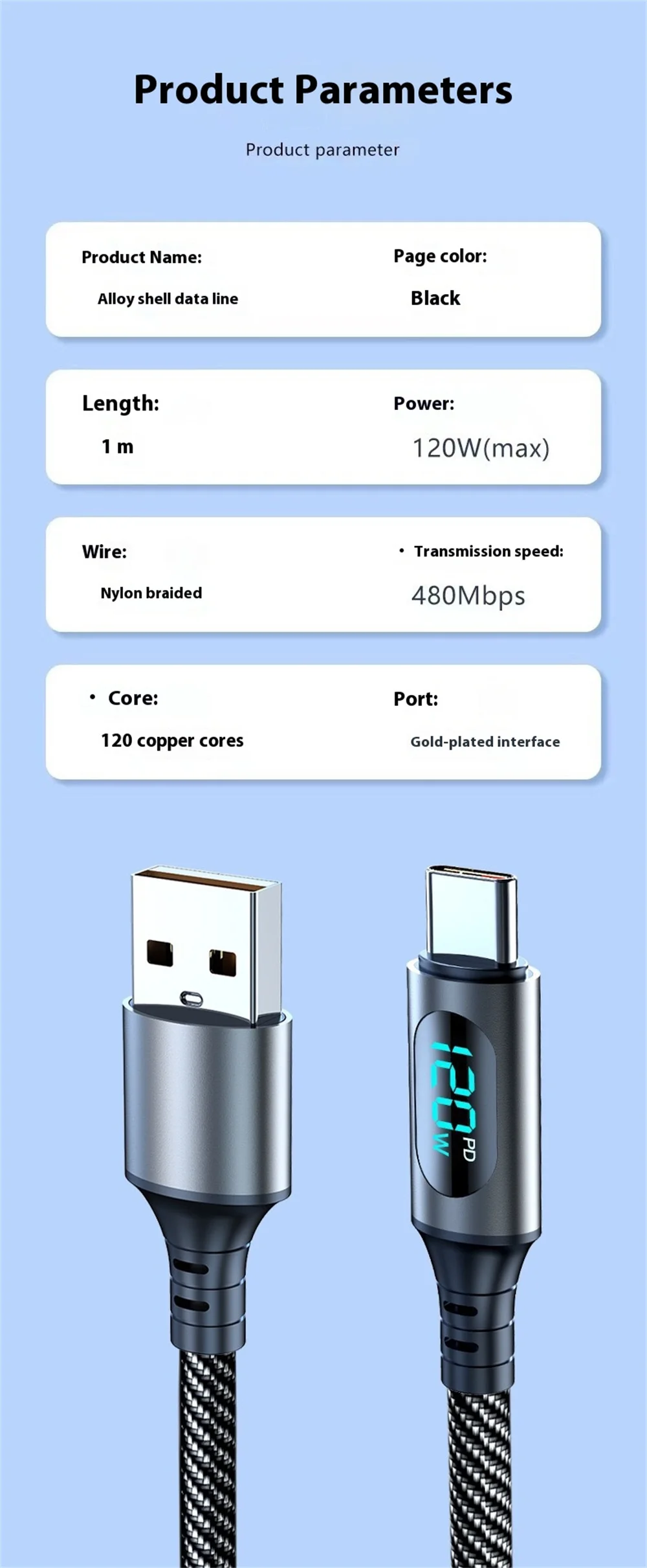 1m/2m 120W USB-C Charging Wire For Huawei Xiaomi POCO Samsung 100W PD Fast Charging Phone Data Cord For iPhone LED Display Cable