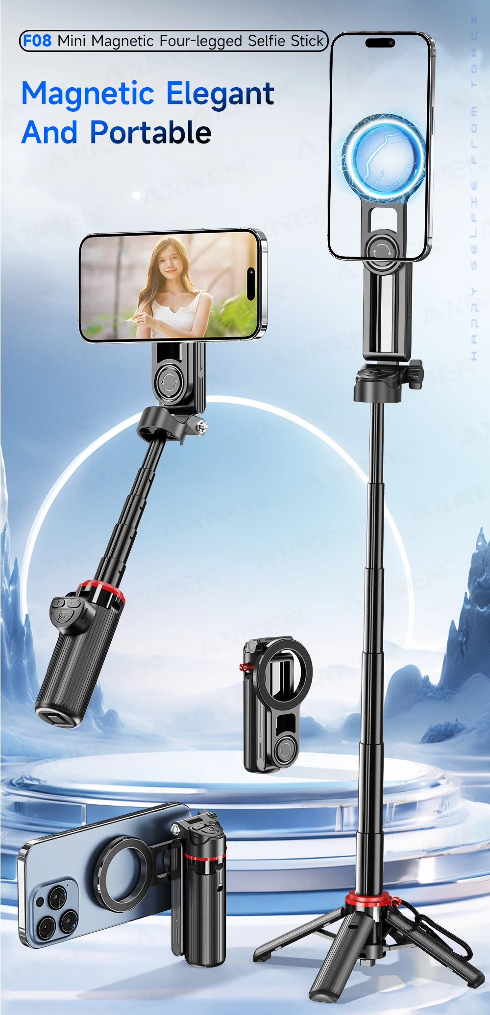 Magnetic Mini Selfie Stick Tripod for Cellphone with Extension Rod Wireless Remote, Fill Light Option, for Smartphone Vlog Shoot