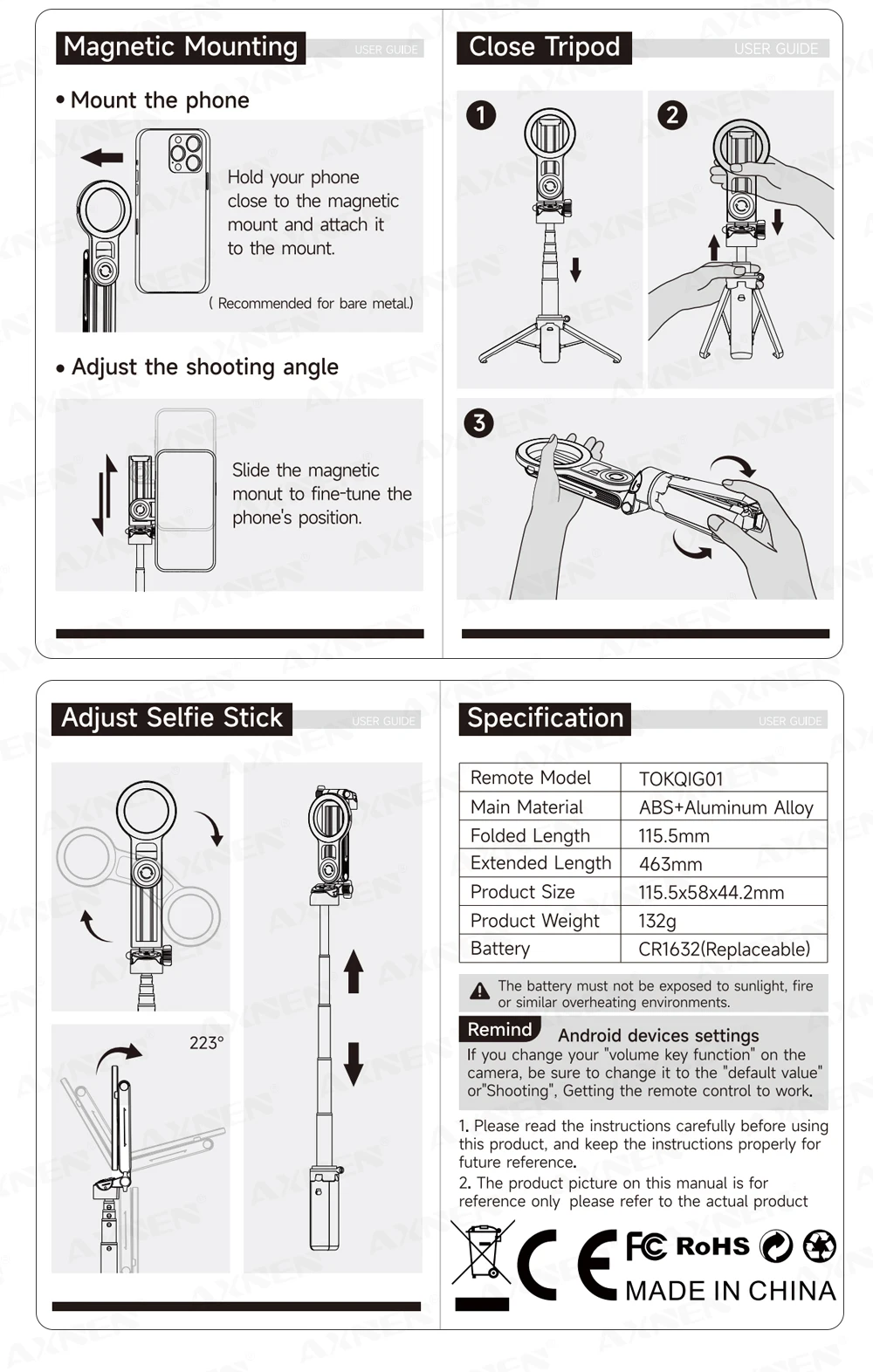 Magnetic Mini Selfie Stick Tripod for Cellphone with Extension Rod Wireless Remote, Fill Light Option, for Smartphone Vlog Shoot