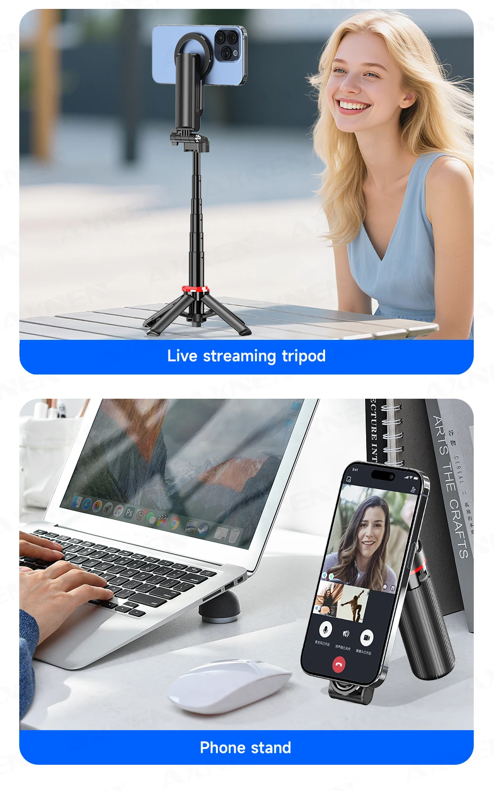 Magnetic Mini Selfie Stick Tripod for Cellphone with Extension Rod Wireless Remote, Fill Light Option, for Smartphone Vlog Shoot