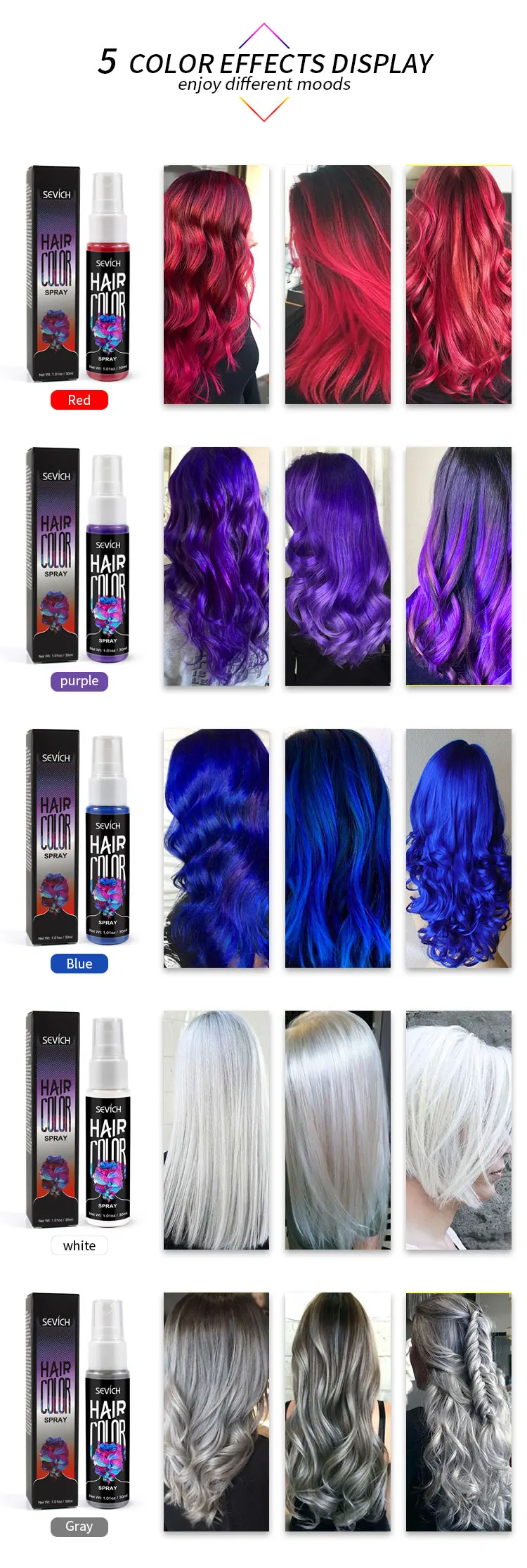 Sevich 8 Colors 30ml Hair Dye Spray Disposable Hair Quick Spray Waterproof Hair Dye Blue/Red Fashion Instant Hair Color Products