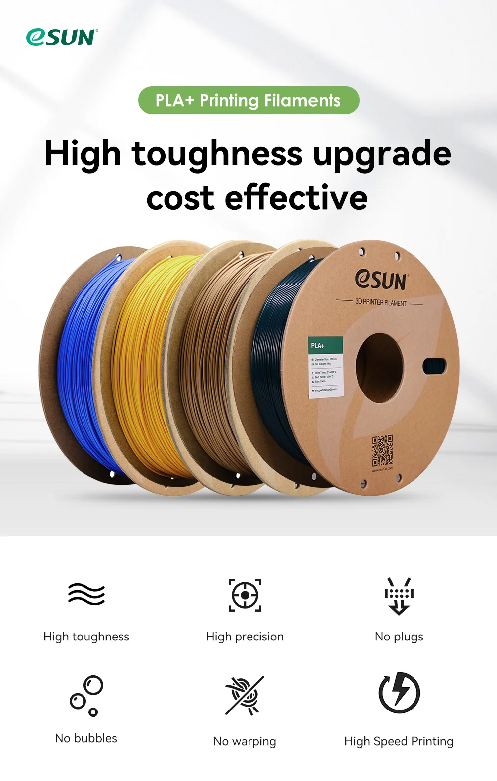 ESUN PLA Filament for 3D Printer PLA+ Filament 1.75mm Dimensional Accuracy +/- 0.03mm 1KG (2.2 LBS) Spool 3D Printing Material