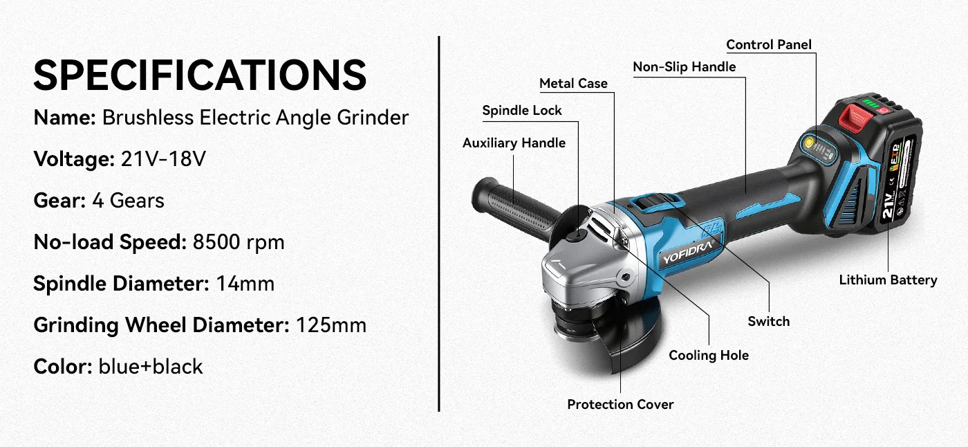YOFIDRA 125mm Brushless Angle Grinder Cordless Grinding Machine Cutting Woodworking Power Tool for Makita 18V-21V Battery Pin