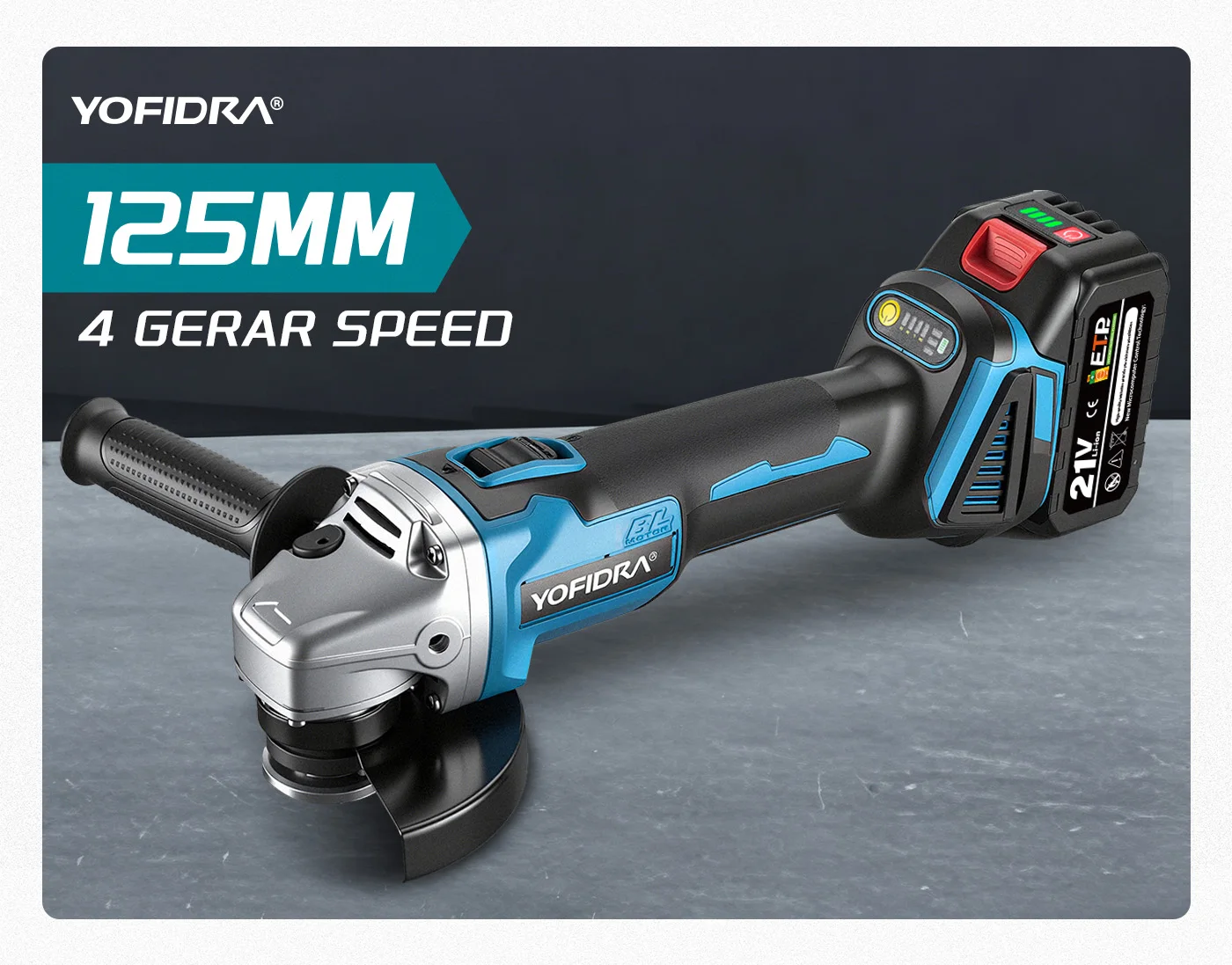 YOFIDRA 125mm Brushless Angle Grinder Cordless Grinding Machine Cutting Woodworking Power Tool for Makita 18V-21V Battery Pin