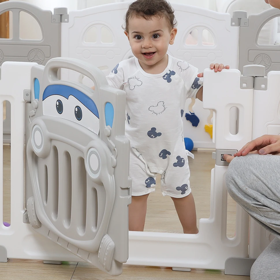 UBRAVOO Foldable Baby Playpen with Basketball Hoop & 50Pcs Coloured Pit Balls, Toddler and Baby Play Pen Fence, 14-Panel