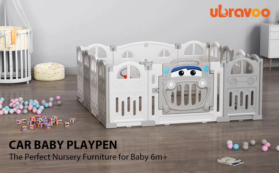 UBRAVOO Foldable Baby Playpen with Basketball Hoop & 50Pcs Coloured Pit Balls, Toddler and Baby Play Pen Fence, 14-Panel
