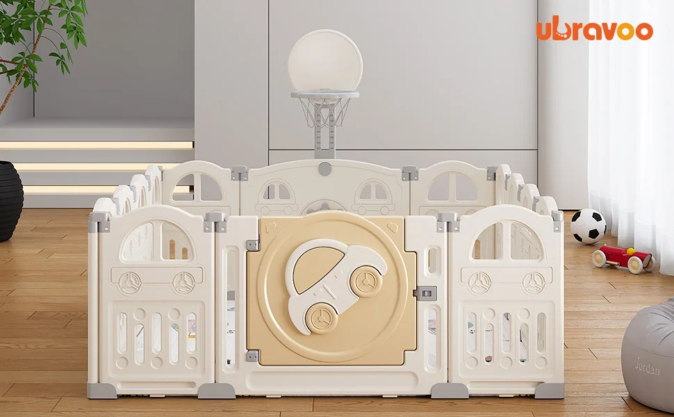 UBRAVOO Foldable Baby Playpen with Basketball Hoop & 50Pcs Coloured Pit Balls, Toddler and Baby Play Pen Fence, 14-Panel