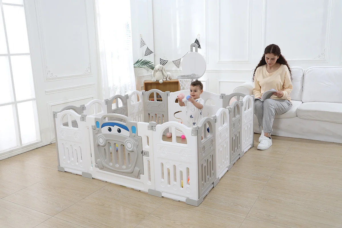 UBRAVOO Foldable Baby Playpen with Basketball Hoop & 50Pcs Coloured Pit Balls, Toddler and Baby Play Pen Fence, 14-Panel