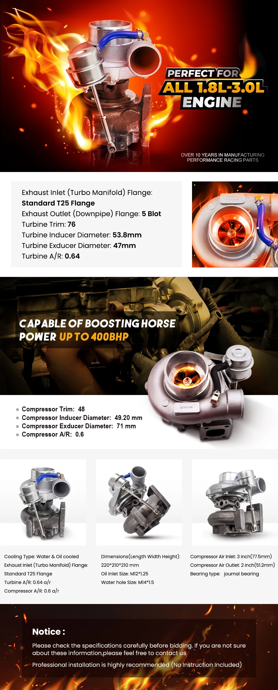 GT25 T25 T28 GT28R GT2860 GT2871 Turbocharger Universal Turbo Charger for 1.5-2.0L for All 4 Cylinder Engine up to 400BHP