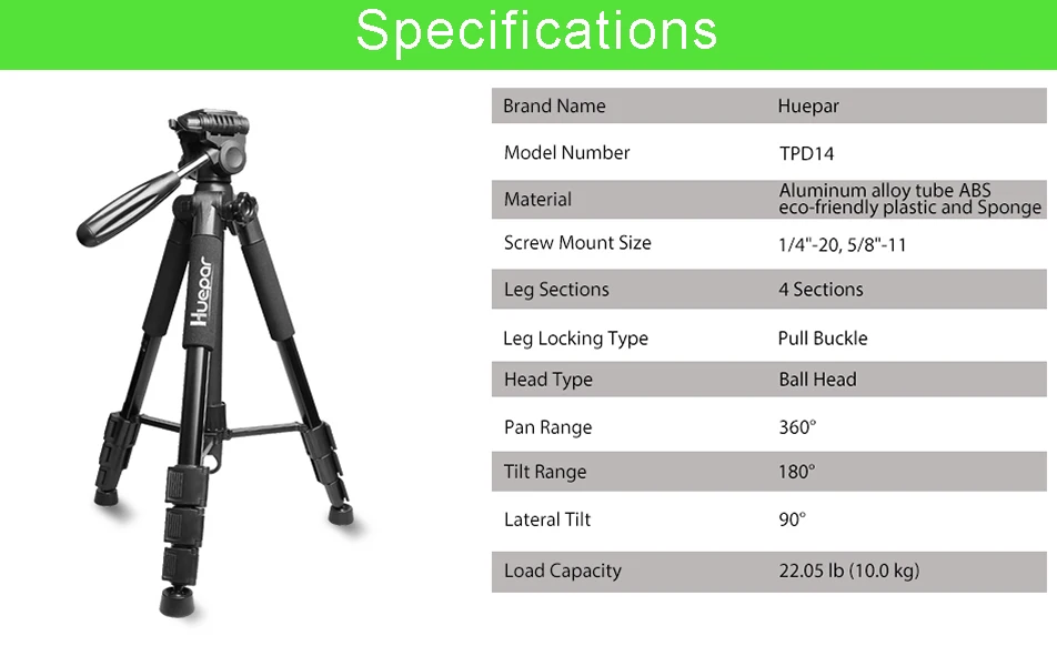 Huepar Multi-function Travel Camera Tripod 56"/143cm Adjustable Laser Level Tripod with 3-Way Swivel Pan Head With Bubble Level