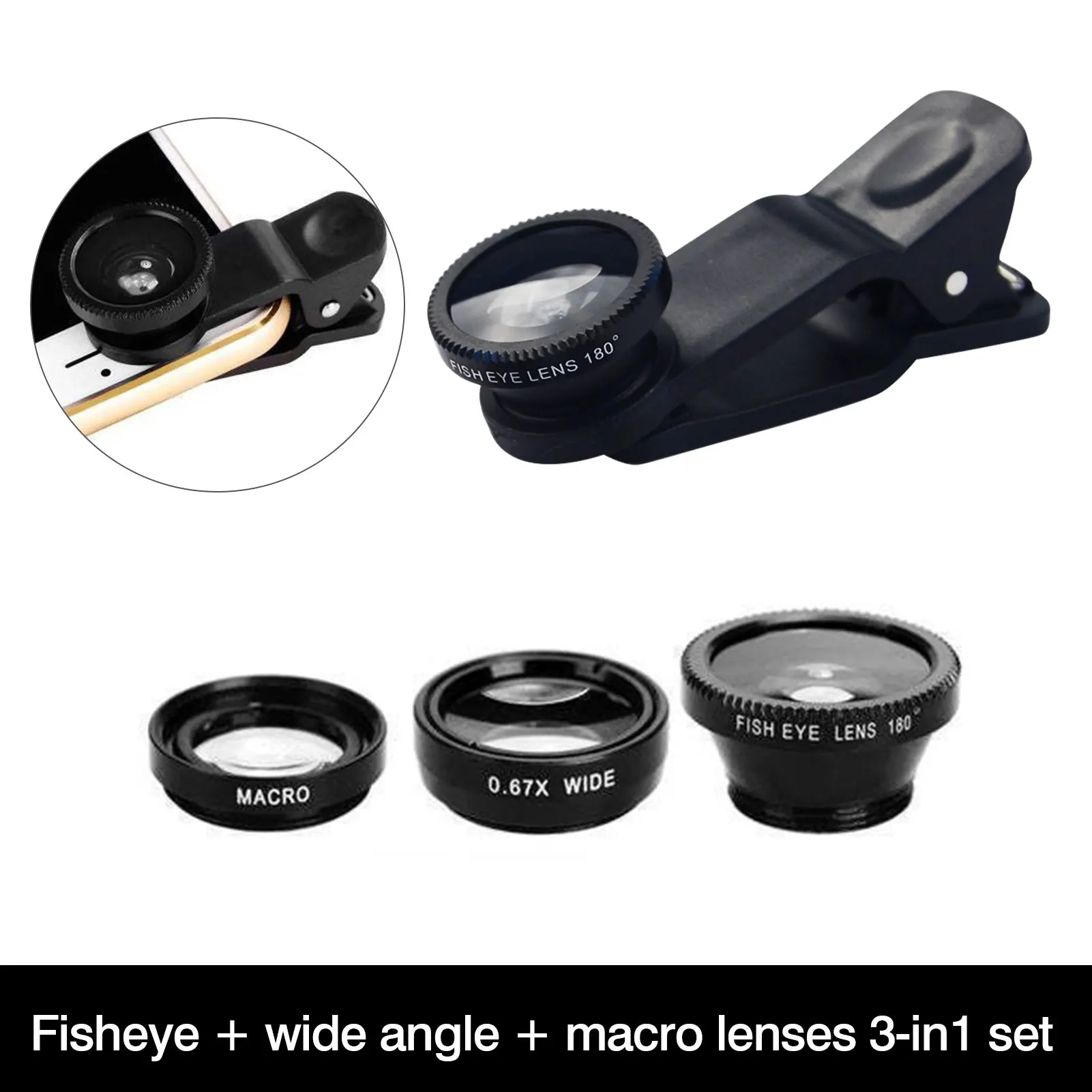 3 In 1 Mobile Phone Lens 180 degree Fisheye Lens 0.67X Wide Angle Len 10X Macro HD Camera Lens Universal For Smartphone