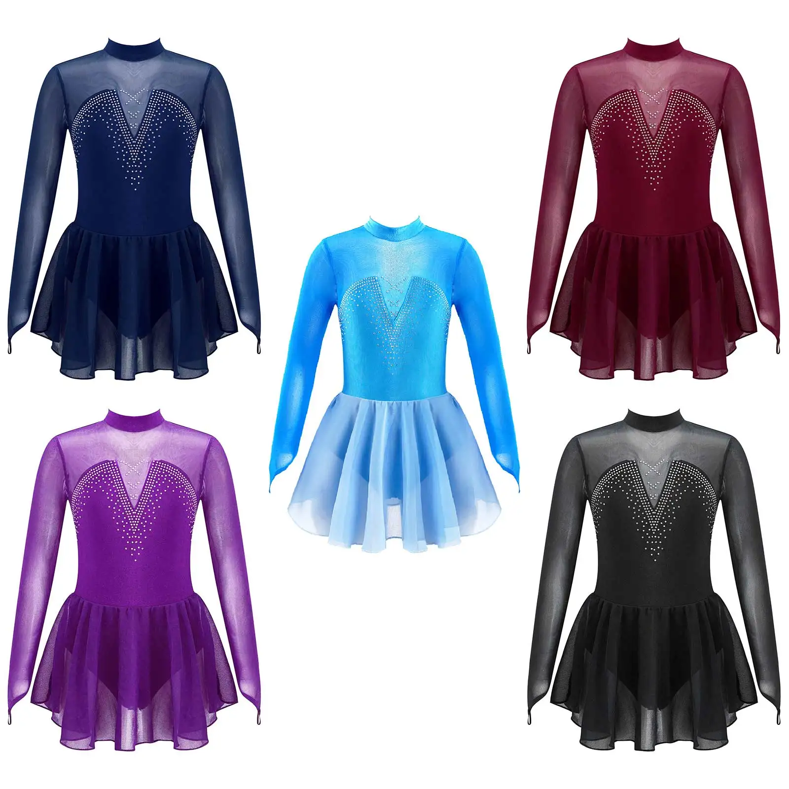 Kids Girls Figure Skating Dancewear Dress Sparkly Rhinestone Mesh Splice Ballerina Ballet Gymnastics Workout Tulle Tutu Dress