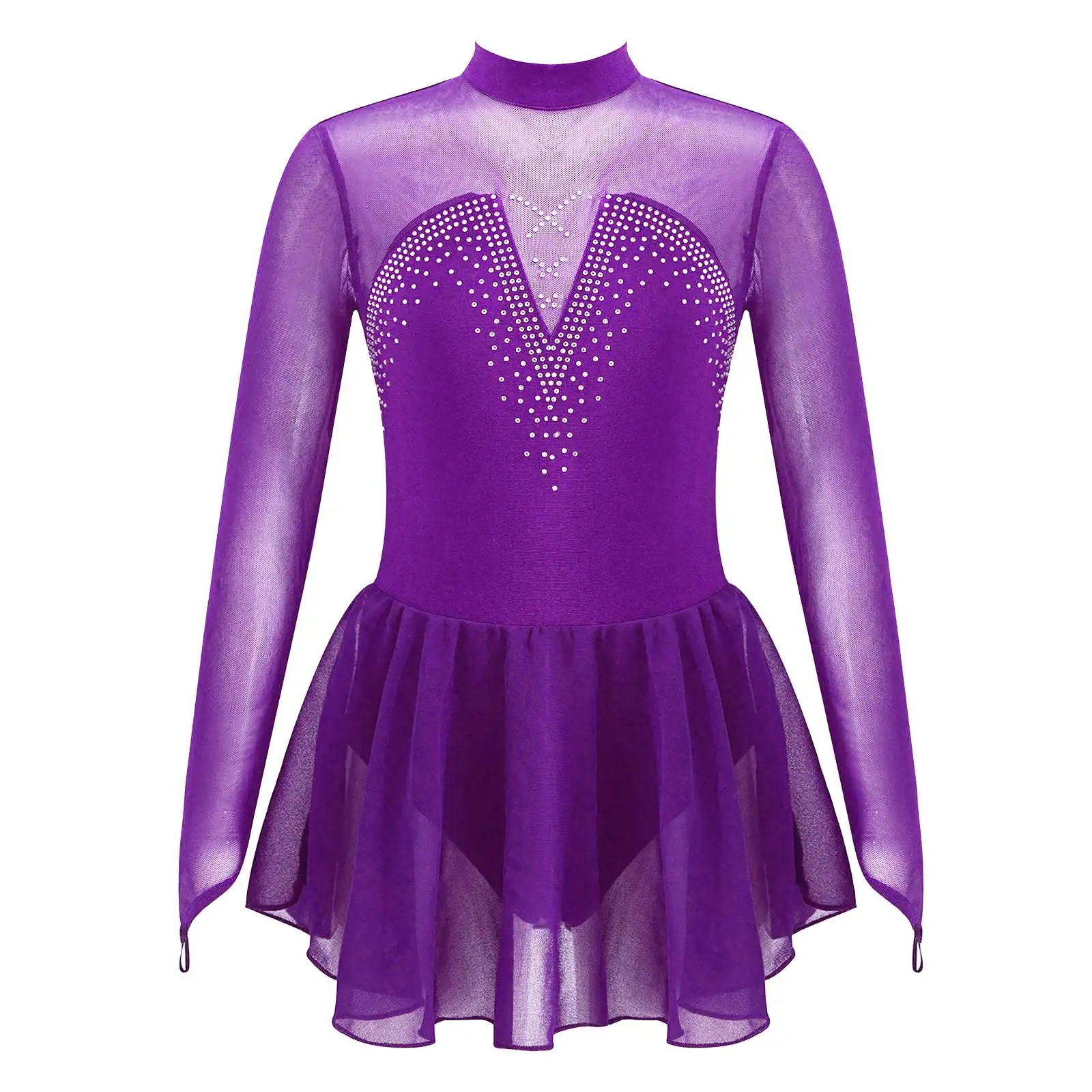 Kids Girls Figure Skating Dancewear Dress Sparkly Rhinestone Mesh Splice Ballerina Ballet Gymnastics Workout Tulle Tutu Dress