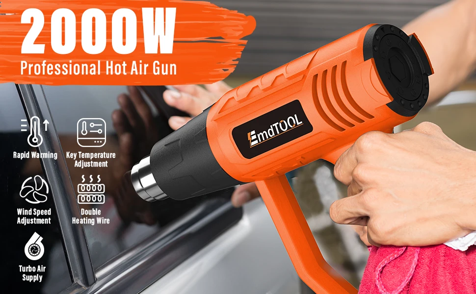2000W Electric Heat Gun Hot Air Gun, 300℃ and 600℃, 300-500L/Min, 3 Nozzles, 1.5s Heating, for Stripping Shrinking Varnish
