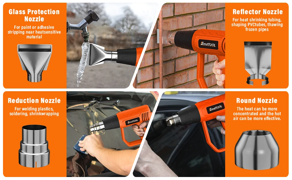2000W Electric Heat Gun Hot Air Gun, 300℃ and 600℃, 300-500L/Min, 3 Nozzles, 1.5s Heating, for Stripping Shrinking Varnish