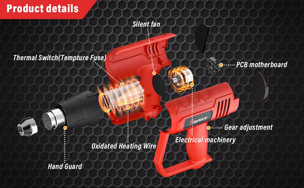 2000W Electric Heat Gun Hot Air Gun, 300℃ and 600℃, 300-500L/Min, 3 Nozzles, 1.5s Heating, for Stripping Shrinking Varnish