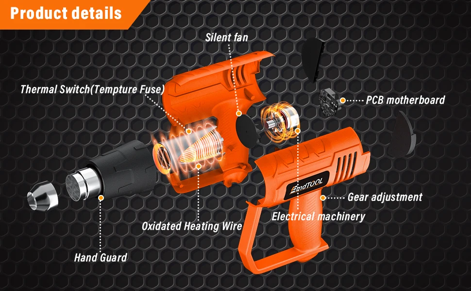 2000W Electric Heat Gun Hot Air Gun, 300℃ and 600℃, 300-500L/Min, 3 Nozzles, 1.5s Heating, for Stripping Shrinking Varnish