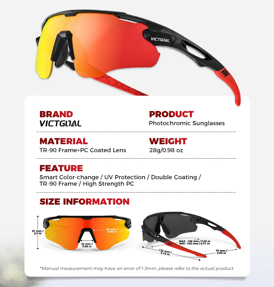 VICTGOAL Photochromic Cycling Sunglasses for Men Women Sports UV400 Protection Bicycle Eyewear MTB Mountain Road Bike Eyeglass