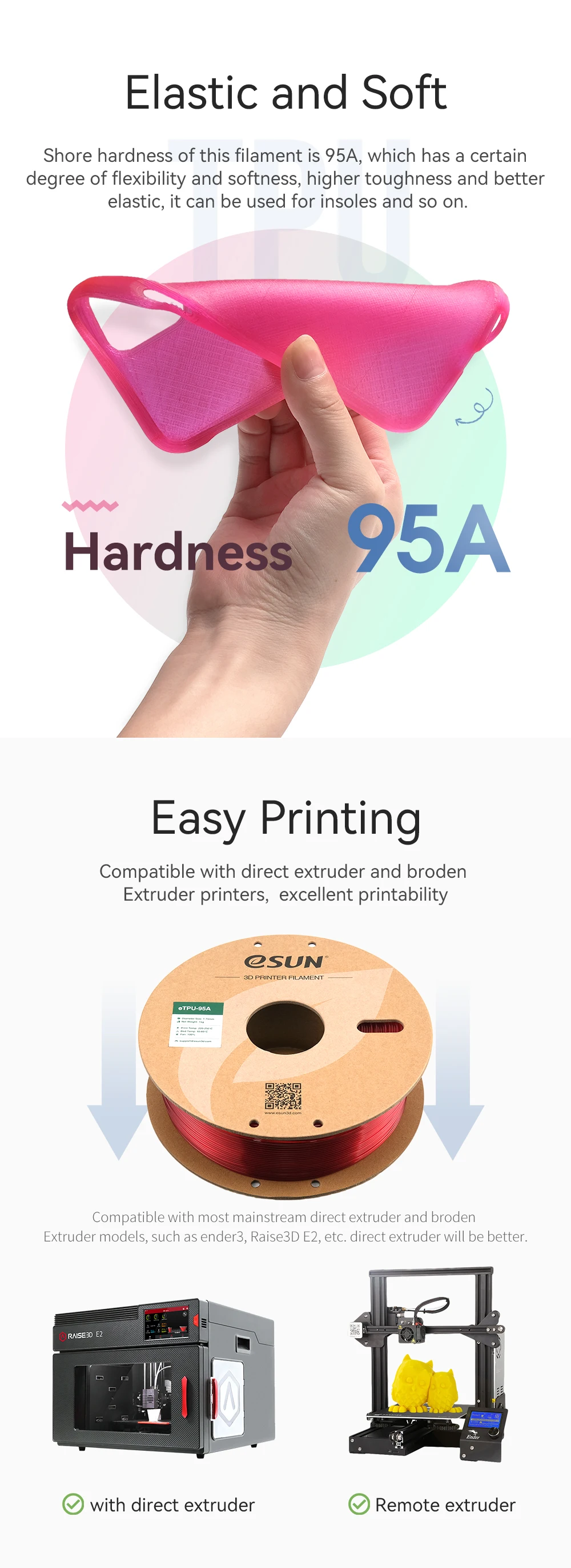 ESUN Flexible TPU Filament 1.75mm, TPU 95A 3D Printer Filament 1KG 2.2 LBS Spool 3D Printing Material TPU 95A For 3D Printers