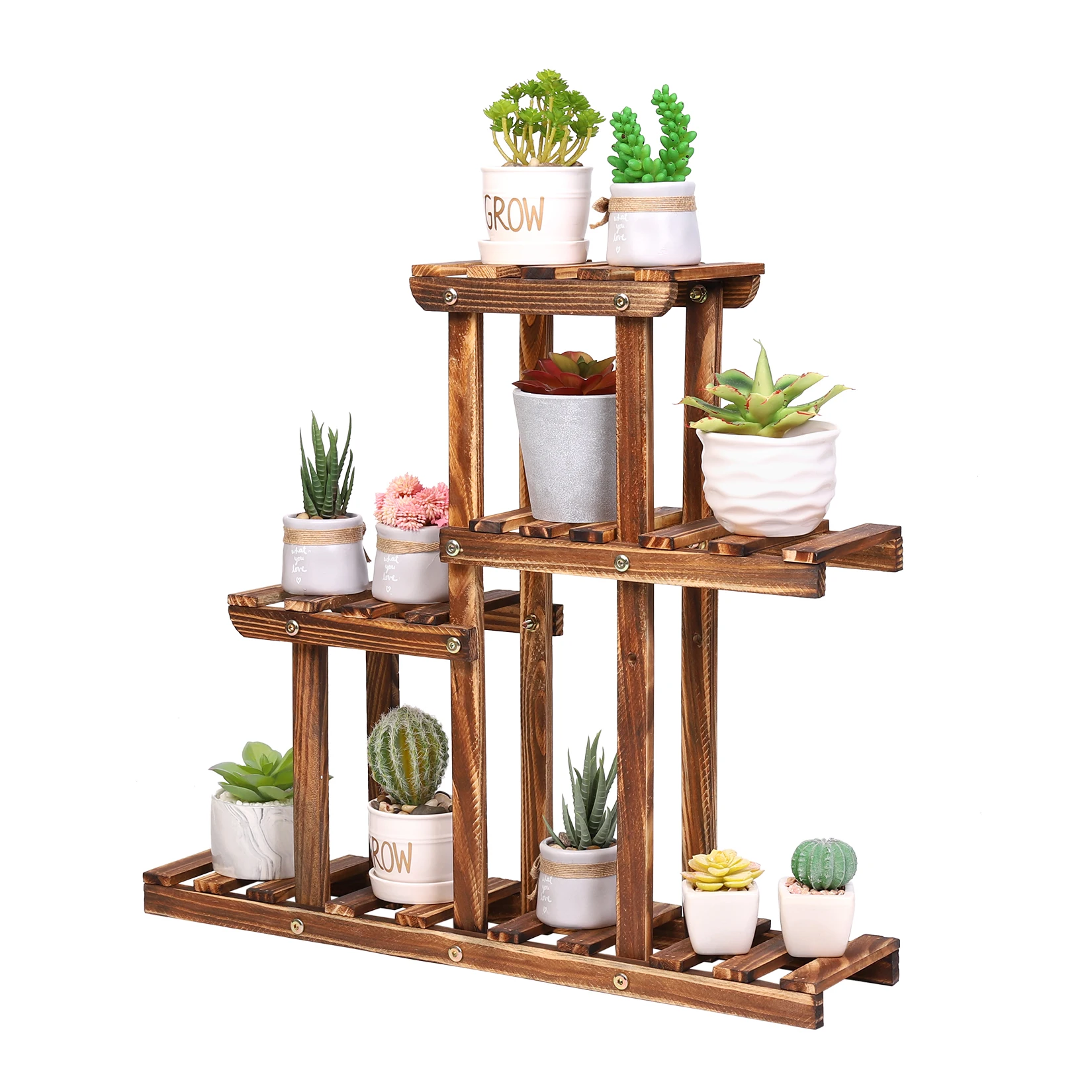 Carbonized Wood Plant Stand Multi Tier Succulent Rack Mini Desktop Plant Holder for Outdoor Balcony Garden