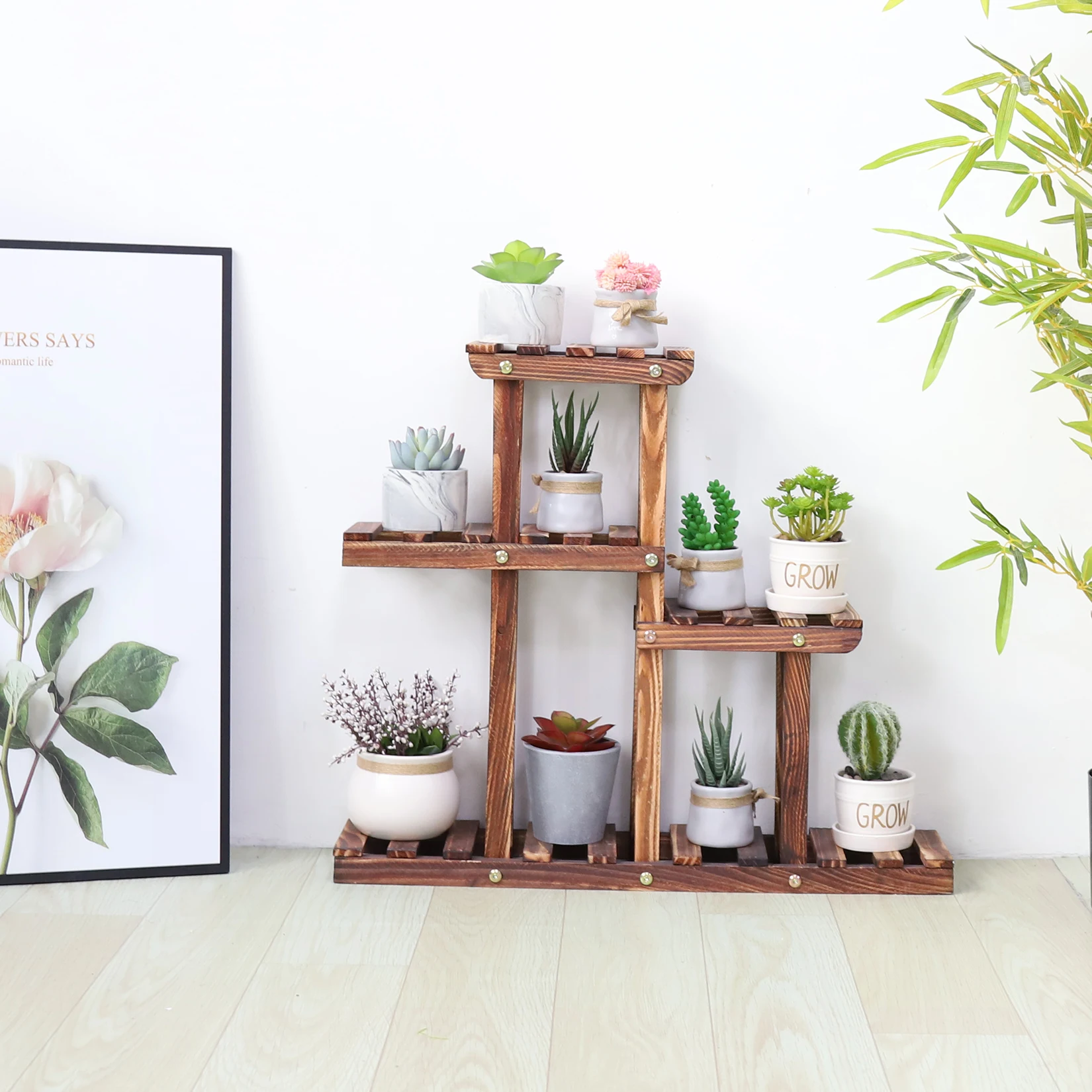 Carbonized Wood Plant Stand Multi Tier Succulent Rack Mini Desktop Plant Holder for Outdoor Balcony Garden
