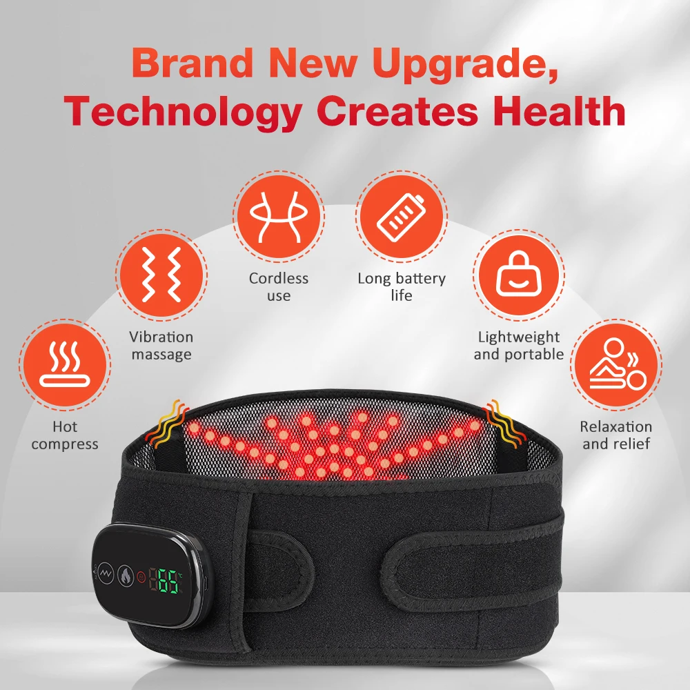LED Light Heating Waist Belt with Massage 3 Heat & 3 Vibration Modes 5000mAh Rechargeable Battery Adjustable Lumbar Support