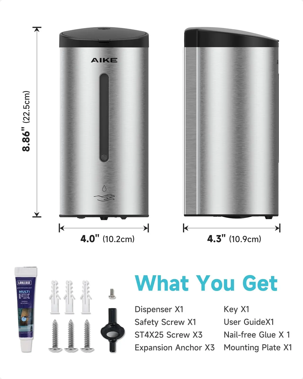 AIKE Automatic Liquid Soap Dispenser 750ML Stainless Steel Bathroom Hand Sanitizer Dispenser Wall-mounted Sensor Dispenser