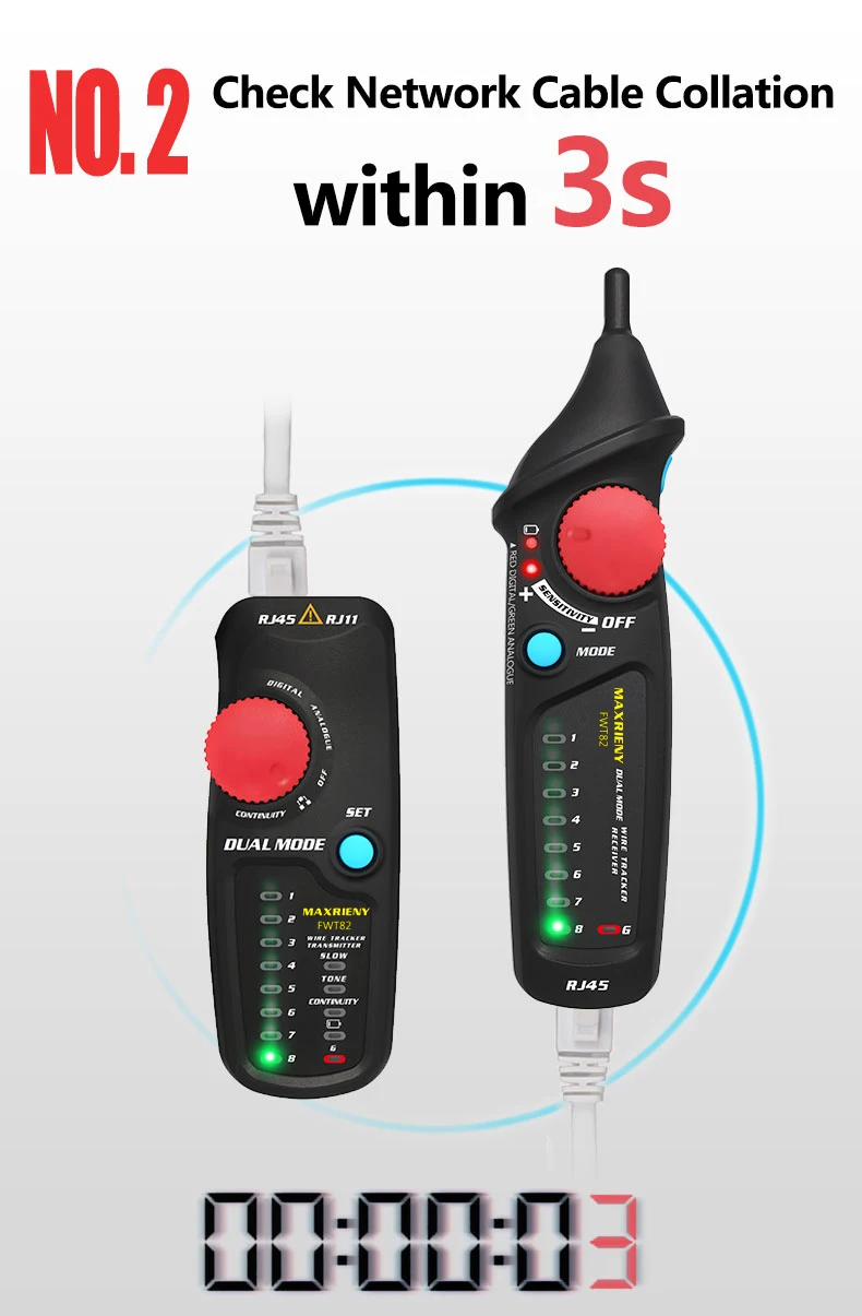 Network Cable Tracker Wire Tester MAXRINEY FTW82 Dual Mode RJ45 RJ11 Ethernet LAN Tracer Analyzer Detector Line Finder Tester