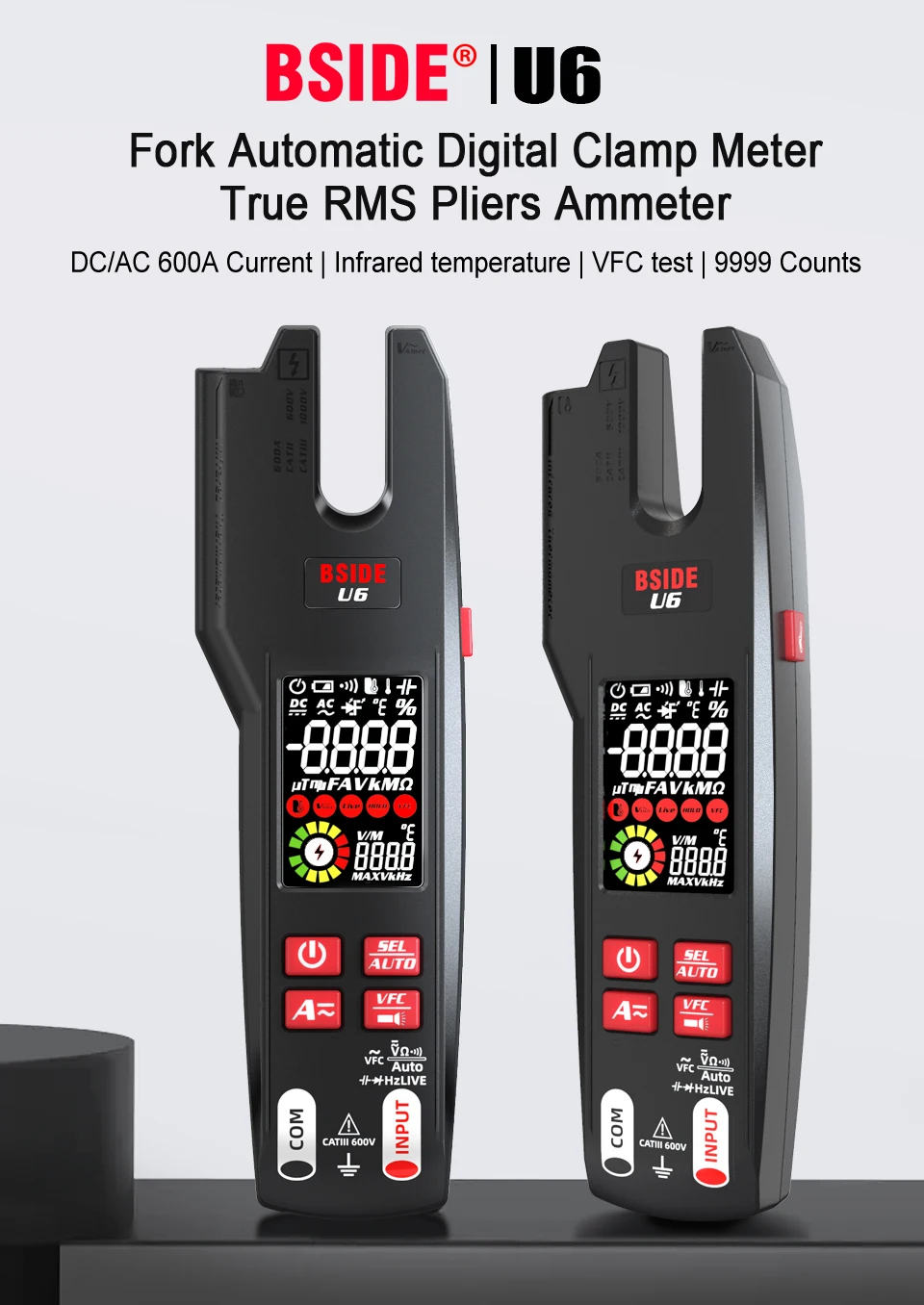 BSIDE Professional Digital Clamp Meter U6 Fork 600A Ammeter Pliers T-RMS DC AC Current OpenJaw Electrical Tester Auto Multimeter