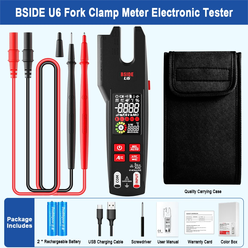 BSIDE Professional Digital Clamp Meter U6 Fork 600A Ammeter Pliers T-RMS DC AC Current OpenJaw Electrical Tester Auto Multimeter