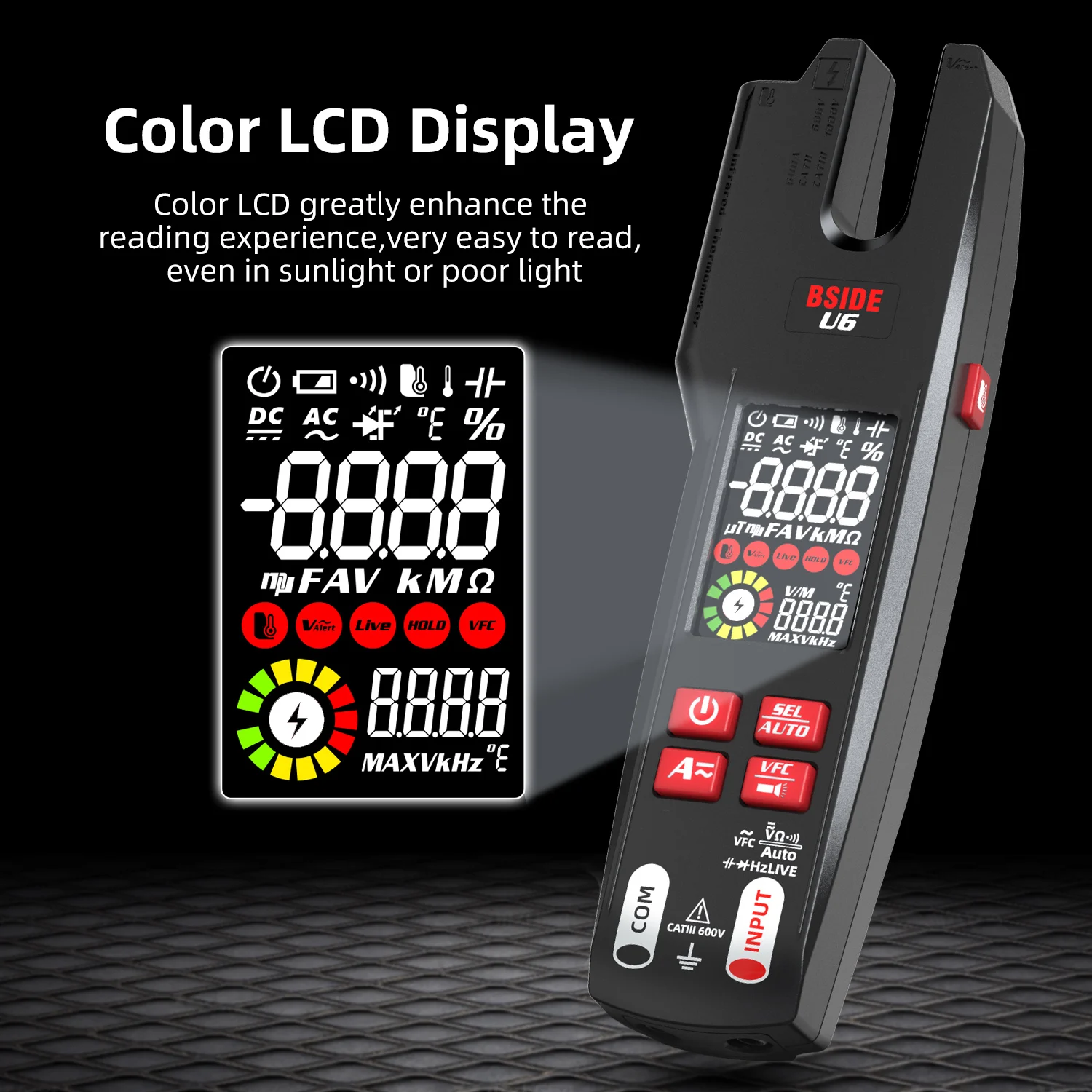 BSIDE Professional Digital Clamp Meter U6 Fork 600A Ammeter Pliers T-RMS DC AC Current OpenJaw Electrical Tester Auto Multimeter
