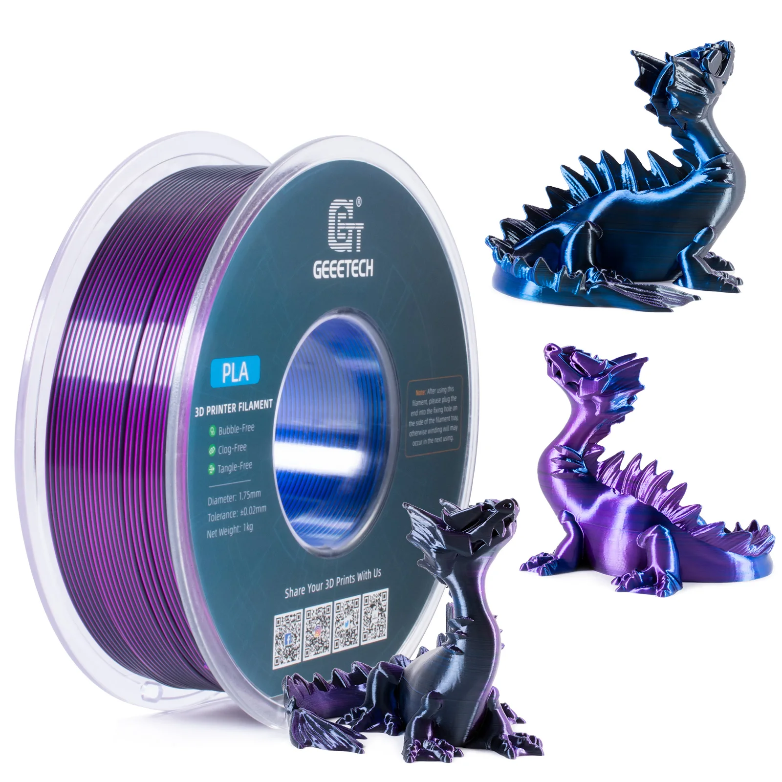 Geeetech Tri Color Silk PLA Filament, 3D Filament 1,75 mm 1KG Spool Wire (+/-0.03mm) Vacuum Packaging, Special Color