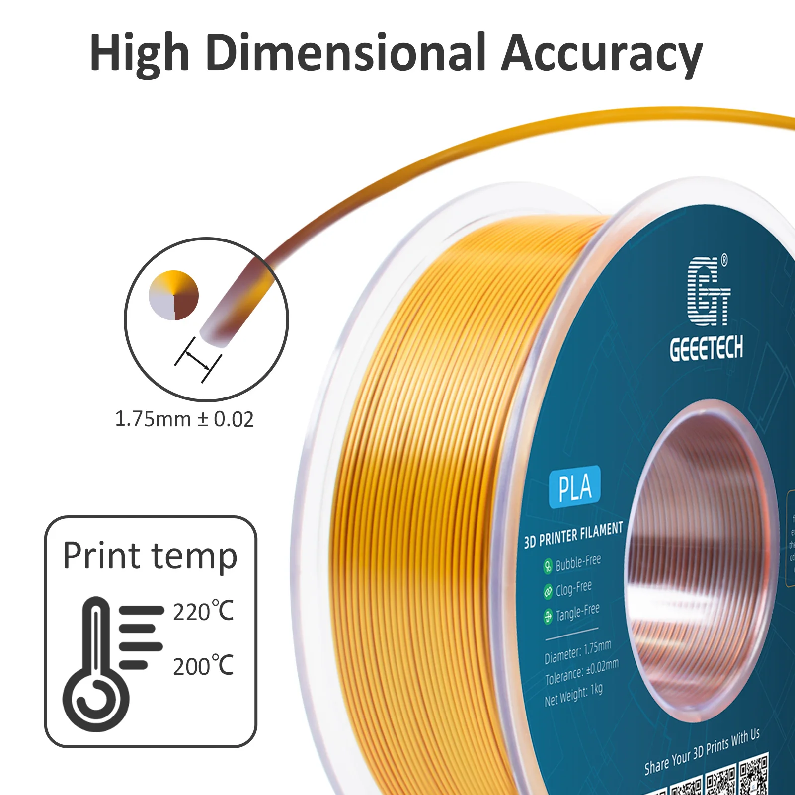 Geeetech Tri Color Silk PLA Filament, 3D Filament 1,75 mm 1KG Spool Wire (+/-0.03mm) Vacuum Packaging, Special Color