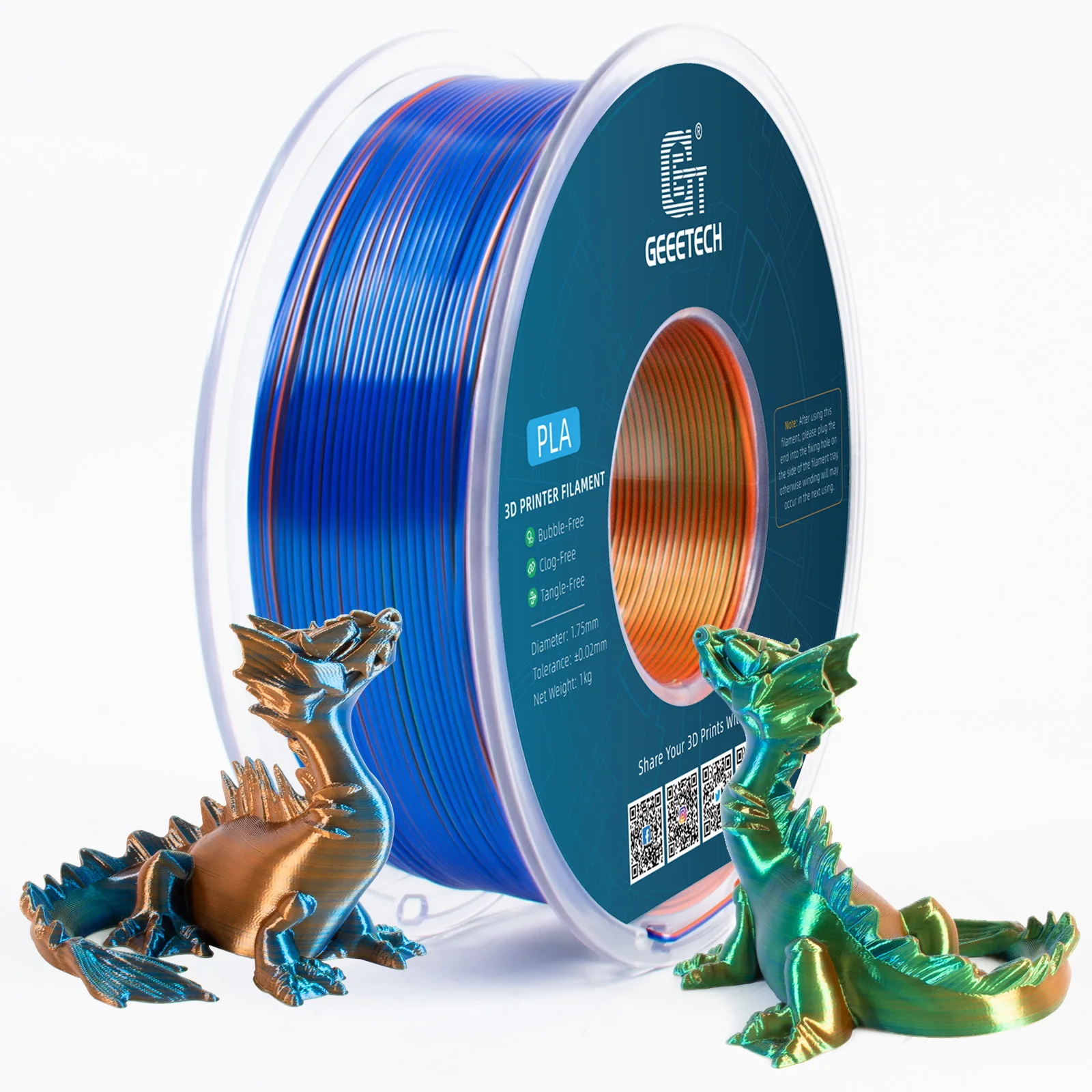Geeetech Tri Color Silk PLA Filament, 3D Filament 1,75 mm 1KG Spool Wire (+/-0.03mm) Vacuum Packaging, Special Color