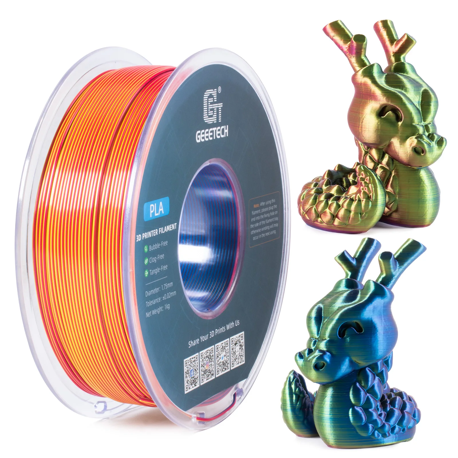 Geeetech Tri Color Silk PLA Filament, 3D Filament 1,75 mm 1KG Spool Wire (+/-0.03mm) Vacuum Packaging, Special Color