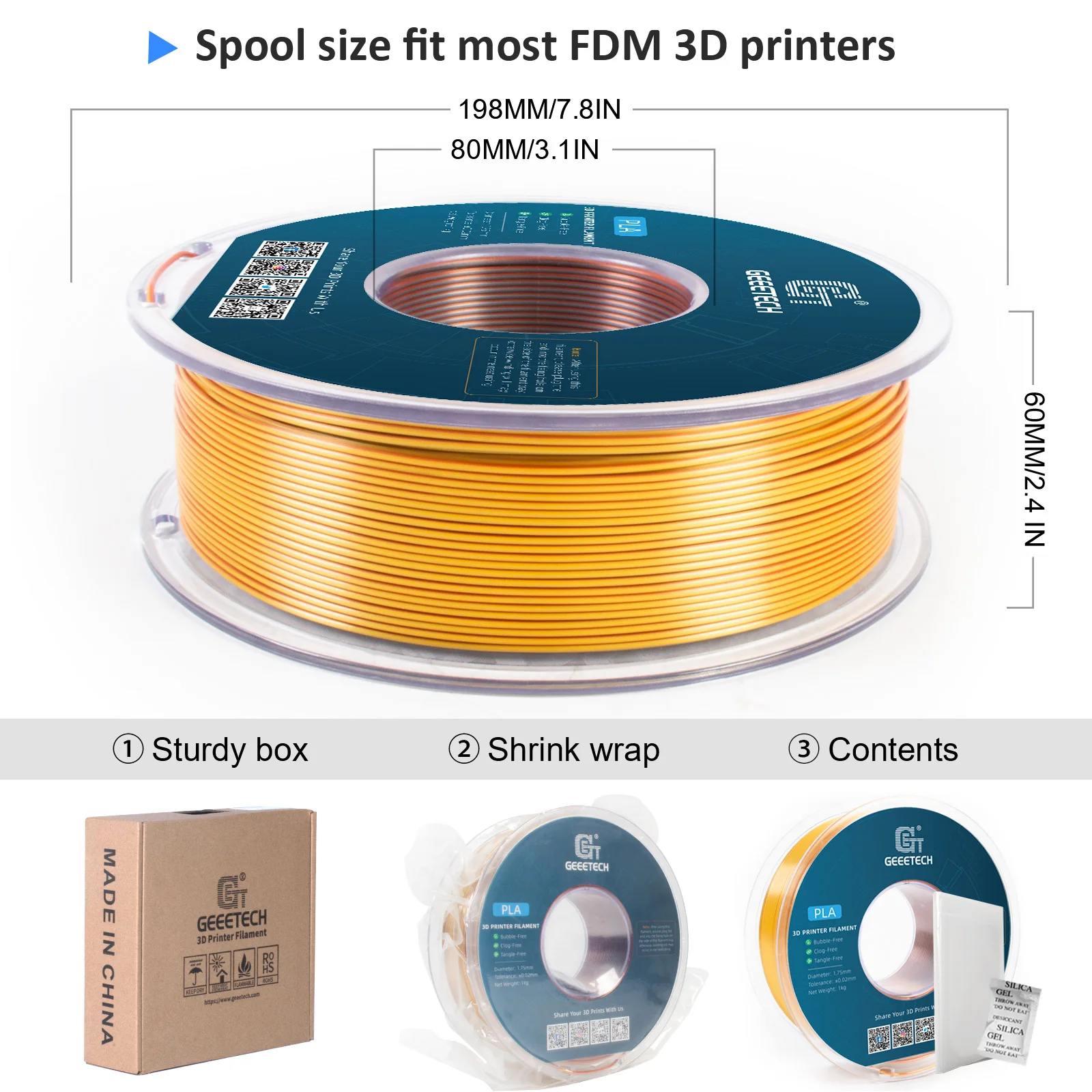 Geeetech Tri Color Silk PLA Filament, 3D Filament 1,75 mm 1KG Spool Wire (+/-0.03mm) Vacuum Packaging, Special Color