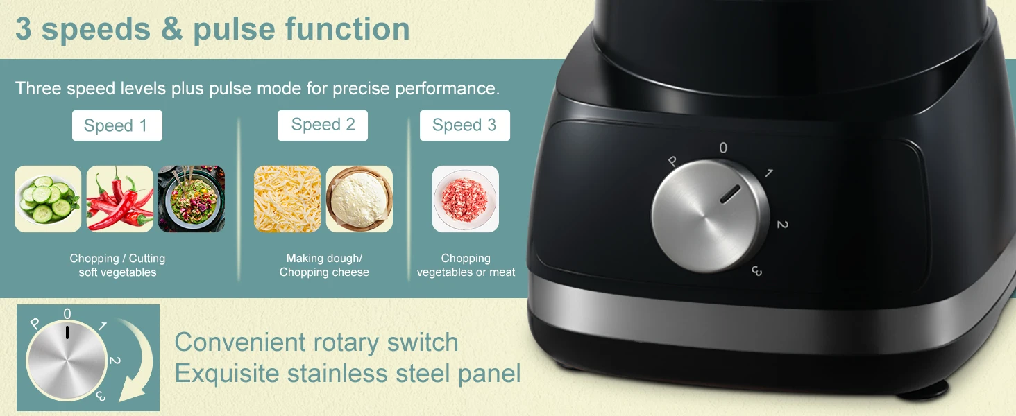 800W Powerful Food Processor Chopper 2L | 3-Speed + Pulse Function | Multi-Chopper & Dough Kneader Compact Black Kitchen Machine