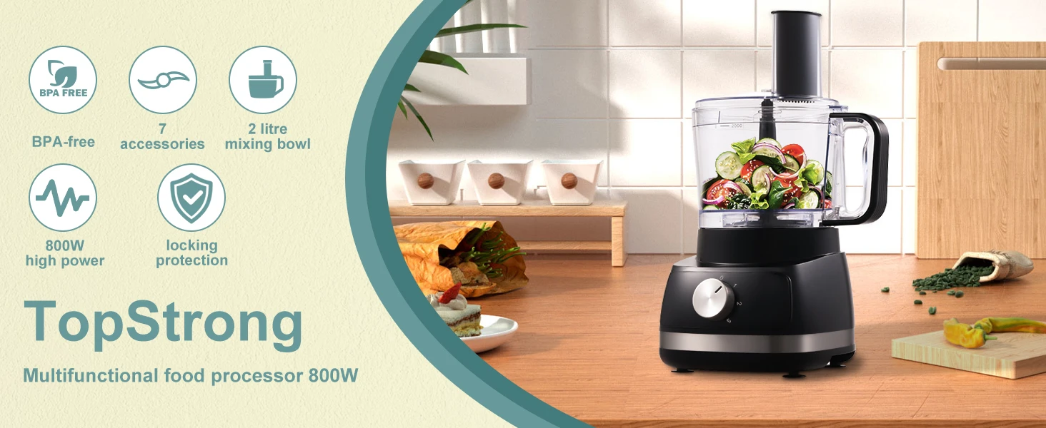 800W Powerful Food Processor Chopper 2L | 3-Speed + Pulse Function | Multi-Chopper & Dough Kneader Compact Black Kitchen Machine