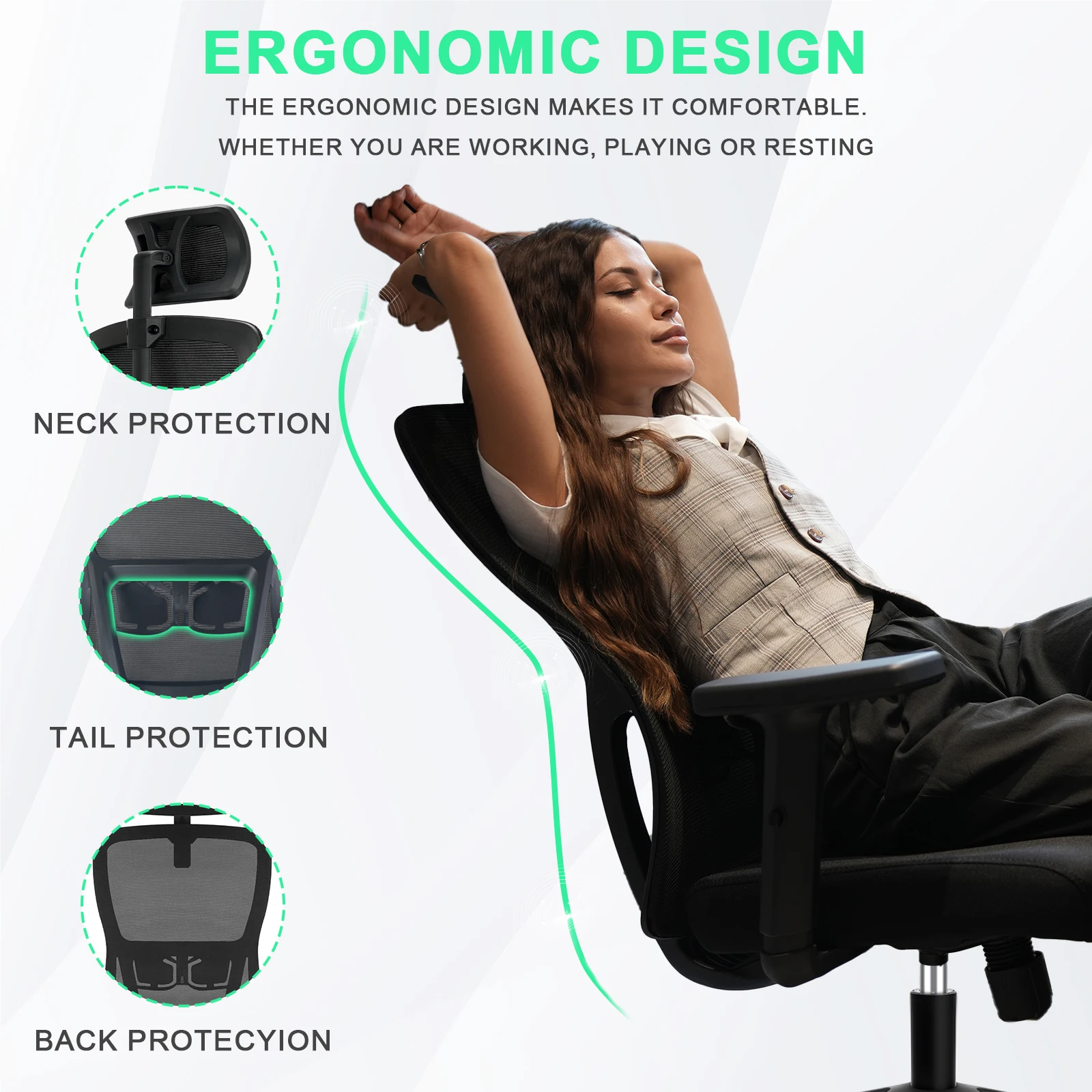 Durrafy Ergonomic Office Chair with Adjustable Headrest, Lumbar Support, Mesh Backrest, Computer Desk Chair for Home/Office