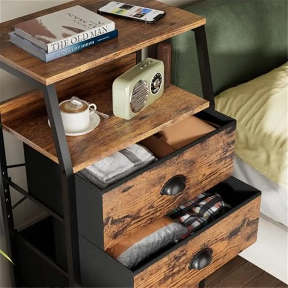 Chest of drawers with 4 drawers, nightstand, side table, nightstand with 2-tier shelf and fabric chest, storage cabinet