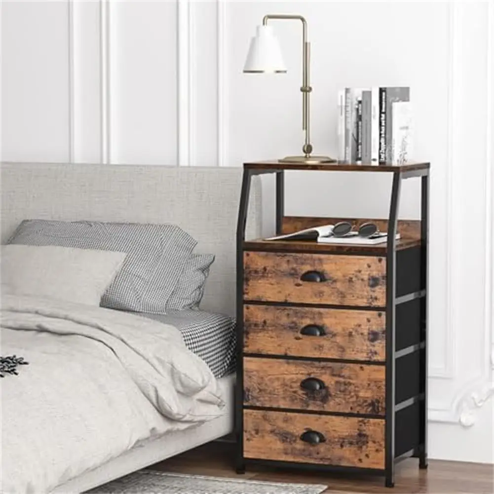Chest of drawers with 4 drawers, nightstand, side table, nightstand with 2-tier shelf and fabric chest, storage cabinet