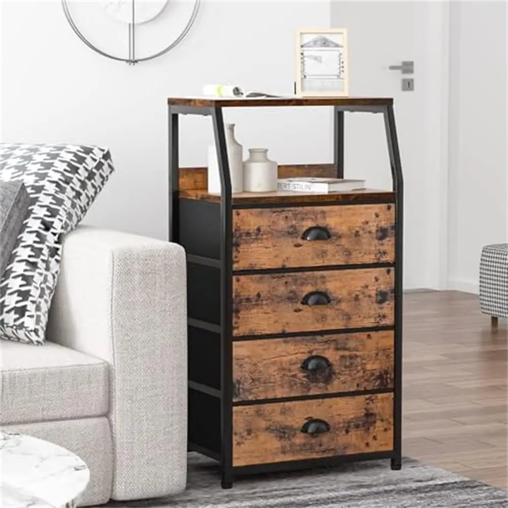 Chest of drawers with 4 drawers, nightstand, side table, nightstand with 2-tier shelf and fabric chest, storage cabinet