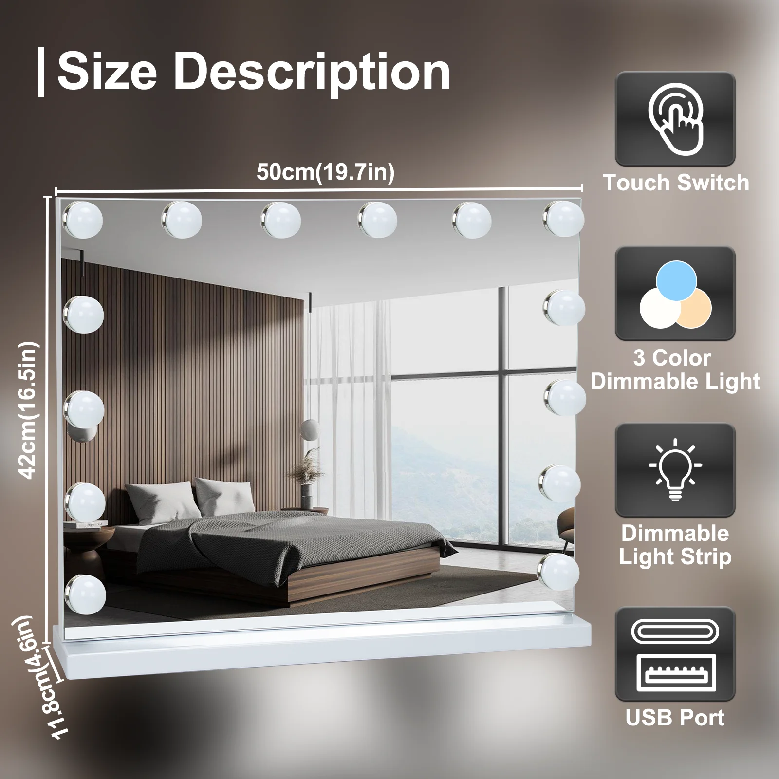 LED Light Hollywood Makeup Mirror Vanity Light Mirror & 14 Dimmable Light Bulbs+USB Large Makeup Mirror With Led Light