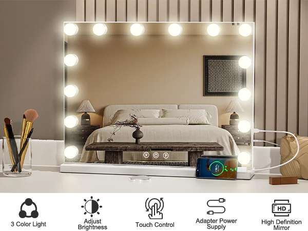 LED Light Hollywood Makeup Mirror Vanity Light Mirror & 14 Dimmable Light Bulbs+USB Large Makeup Mirror With Led Light