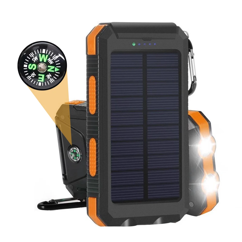20000mAh Solar Power Bank Dual USB Output Portable Charger with Dual LED Flashlight Compass Carabiner Waterproof Rugged External Battery for Outdoor Camping Hiking