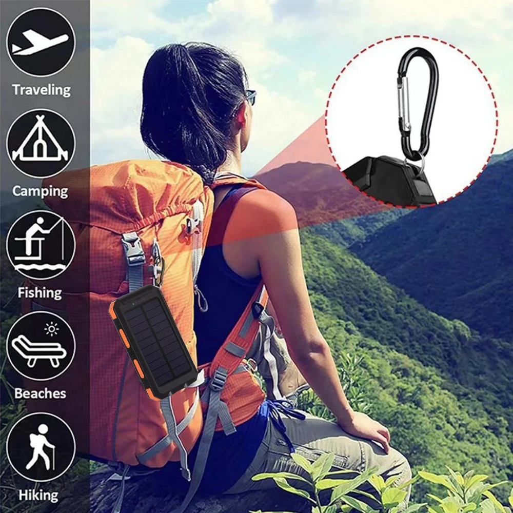 20000mAh Solar Power Bank Dual USB Output Portable Charger with Dual LED Flashlight Compass Carabiner Waterproof Rugged External Battery for Outdoor Camping Hiking