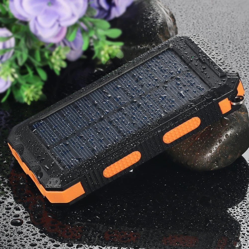 20000mAh Solar Power Bank Dual USB Output Portable Charger with Dual LED Flashlight Compass Carabiner Waterproof Rugged External Battery for Outdoor Camping Hiking